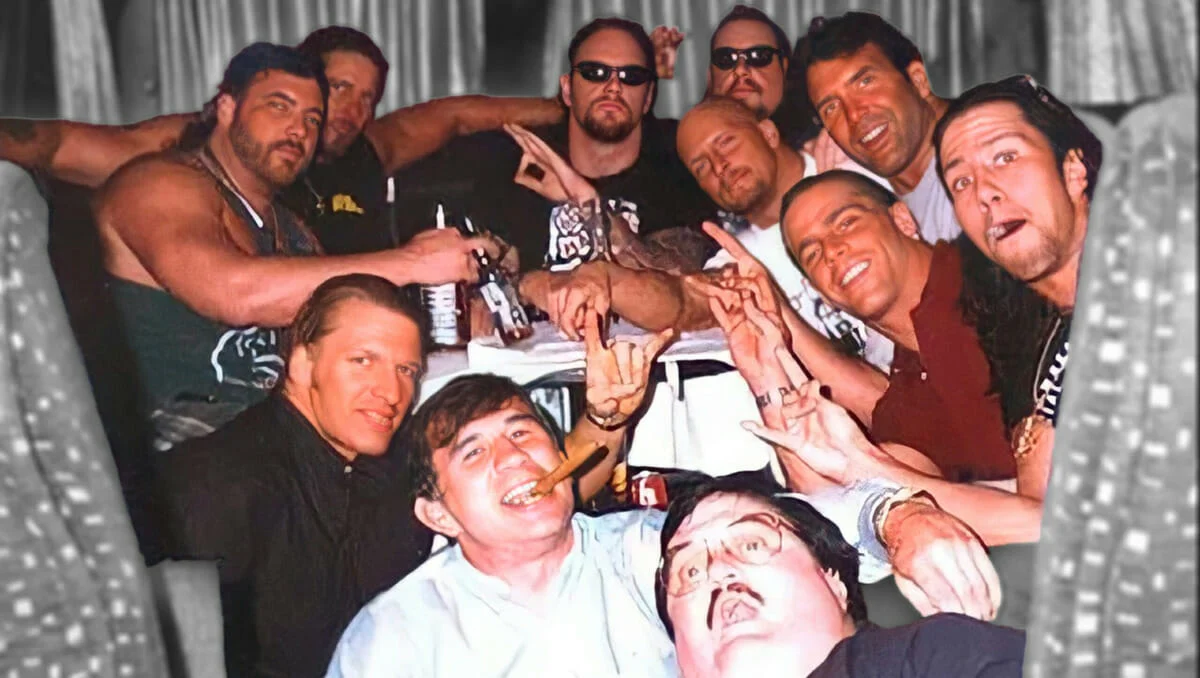 European tours were always great for camaraderie as it was one of the few times wrestlers could come together on the tour bus and throw a few back (from left to right: Henry Godwinn, Kevin Nash, Triple H, Gerald Brisco, Undertaker, Phineas Godwinn/Mideon, Steve Austin, Scott Hall, Shawn Michaels, Sean Waltman and Paul Bearer up front).
